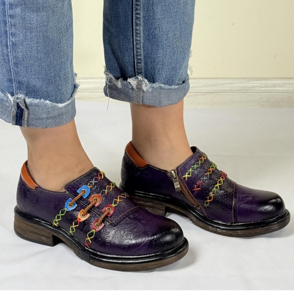 NEW SOFFIA Leather Vintage Style Embossed Rainbow Stitch Chunky Oxfords Sz: 10.5